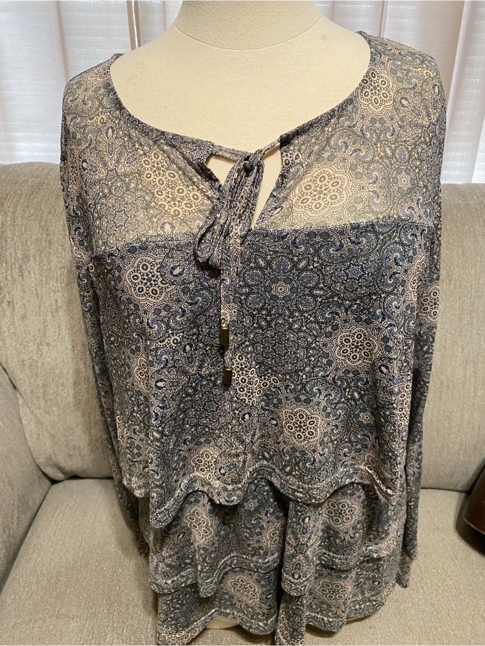 Paisley Tie-Neck Blouse in Blue green